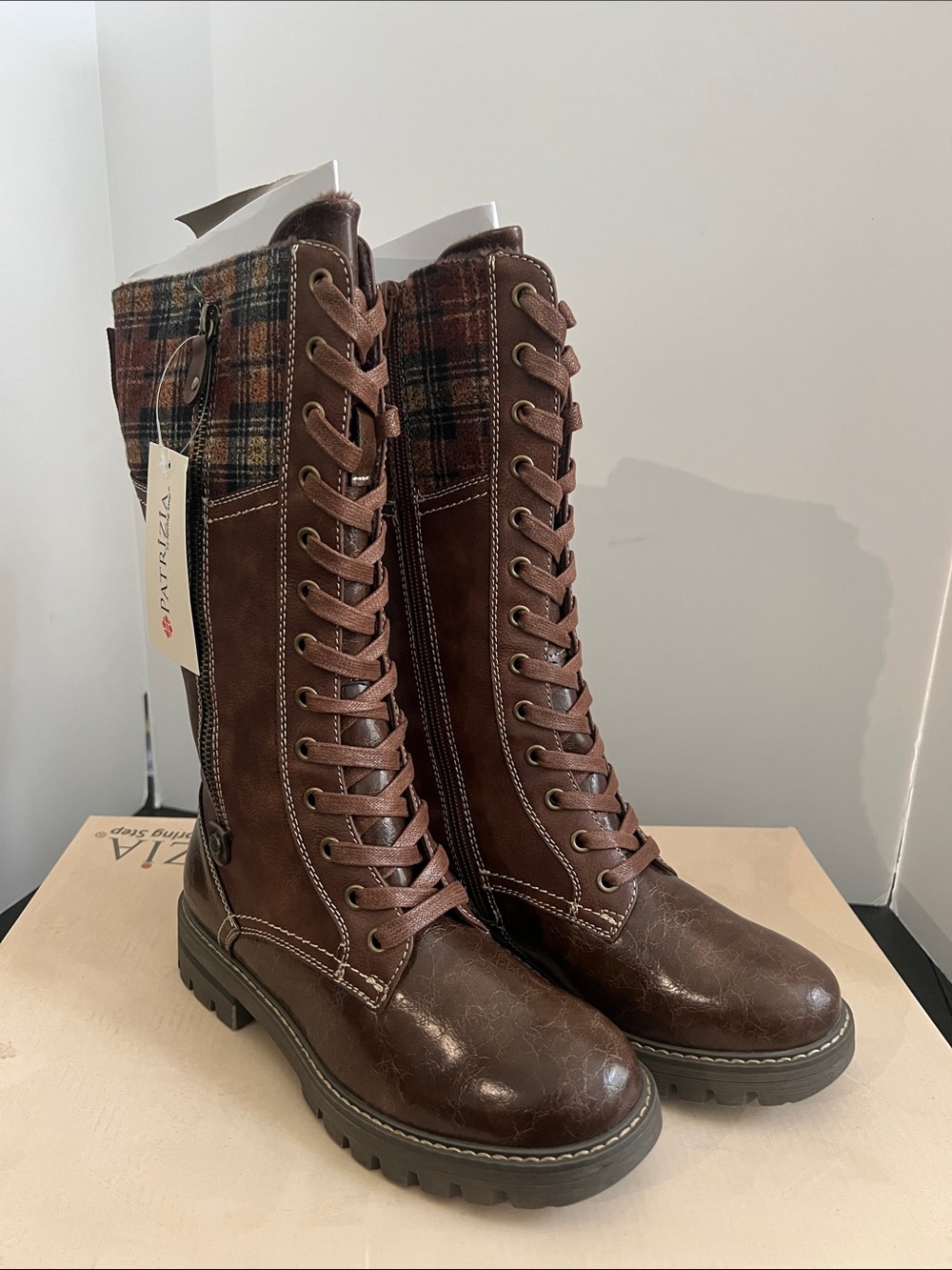 Women's Brown Plaid-Trim Lace-Up Knee Boots NEW Patrizia